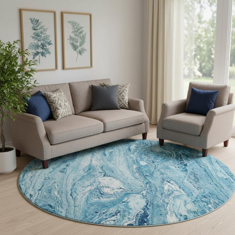 HomeRoots 8' Sky Blue and Ivory Abstract Round Rug – Washable, Durable, UV-Protected for Modern Living Spaces 653461