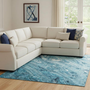 HomeRoots 8' X 10' Sky Blue & Ivory Abstract Area Rug - Washable, UV-Protected, Modern Design for Durability 653462