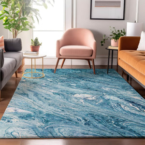 HomeRoots 8' X 10' Sky Blue & Ivory Abstract Area Rug - Washable, UV-Protected, Modern Design for Durability 653462