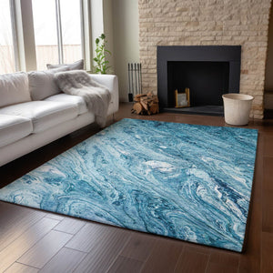 HomeRoots 8' X 10' Sky Blue & Ivory Abstract Area Rug - Washable, UV-Protected, Modern Design for Durability 653462