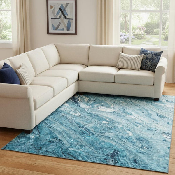 HomeRoots 9' X 12' Sky Blue & Ivory Abstract Washable Area Rug - Durable, Stylish, UV Protected for Homes 653463