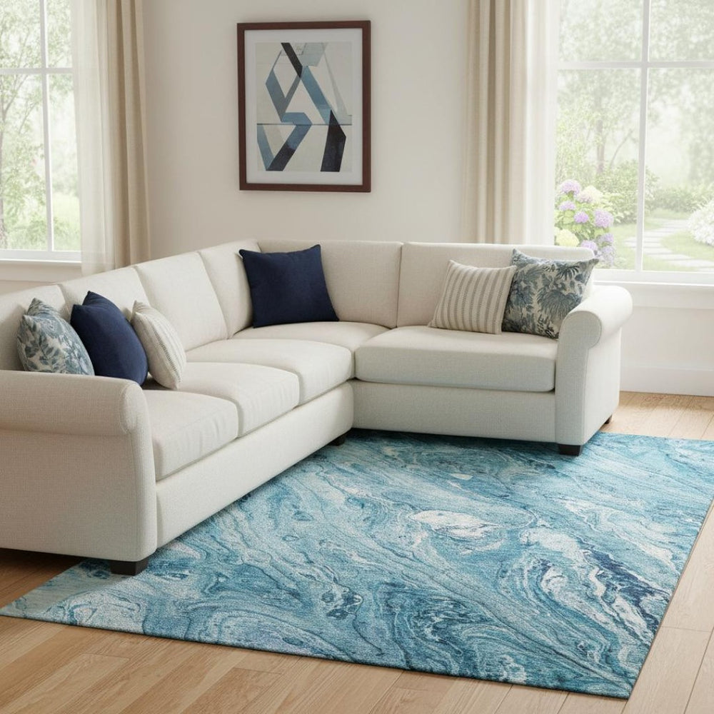 HomeRoots 10' Sky Blue & Ivory Abstract Washable Area Rug - UV Protected, Stain Resistant, Perfect for Kids & Pets 653464