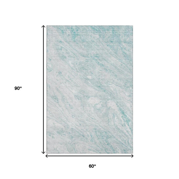 HomeRoots 5' X 8' Teal and Ivory Abstract Area Rug - Washable, UV Protected, Stylish, Durable for Homes 653466