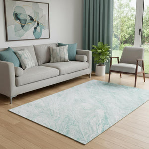 HomeRoots 5' X 8' Teal and Ivory Abstract Area Rug - Washable, UV Protected, Stylish, Durable for Homes 653466