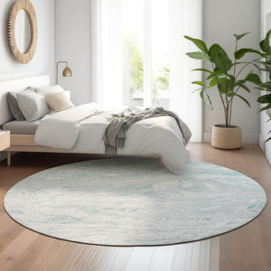 HomeRoots 8' Teal And Ivory Abstract Round Rug - Washable, UV-Protected, Durable for High-Traffic Areas! 653467