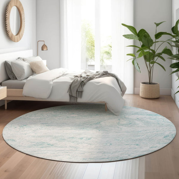 HomeRoots 8' Teal And Ivory Abstract Round Rug - Washable, UV-Protected, Durable for High-Traffic Areas! 653467