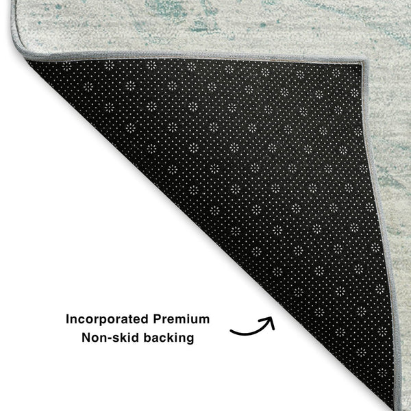 HomeRoots 8' Teal And Ivory Abstract Round Rug - Washable, UV-Protected, Durable for High-Traffic Areas! 653467