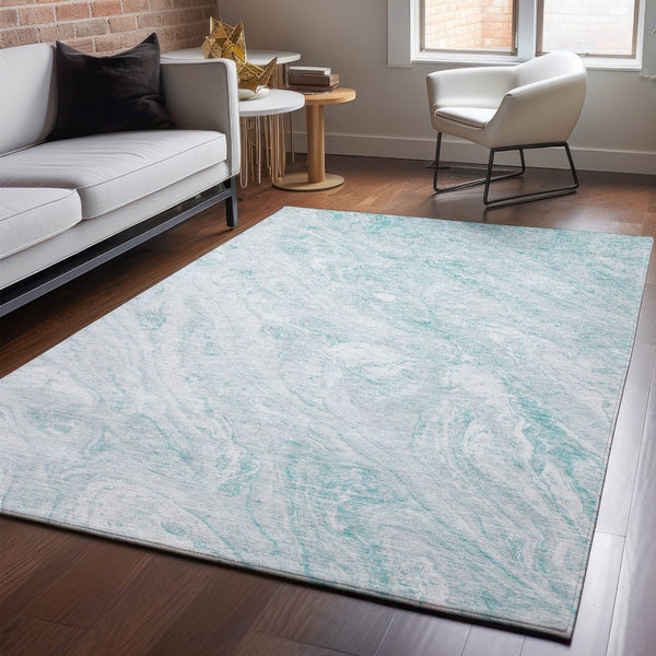 HomeRoots 9' X 12' Teal and Ivory Abstract Area Rug - Washable, UV-Protected, Durable Design for Families 653469
