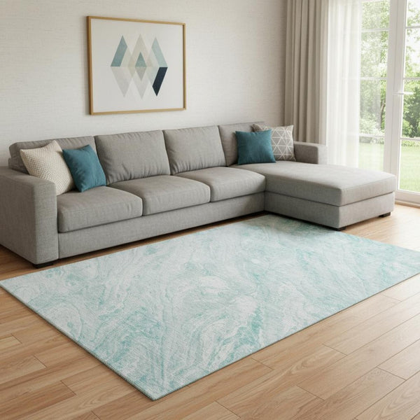 HomeRoots 10' Teal and Ivory Abstract Area Rug - Washable, UV Protected, Durable, and Stylish for High Traffic Rooms 653470