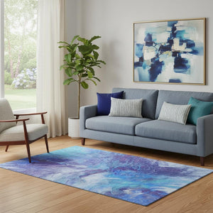 HomeRoots 5' X 8' Abstract Area Rug in Blue, Purple & Ivory - Durable, Washable, UV-Protected for Modern Spaces 653478