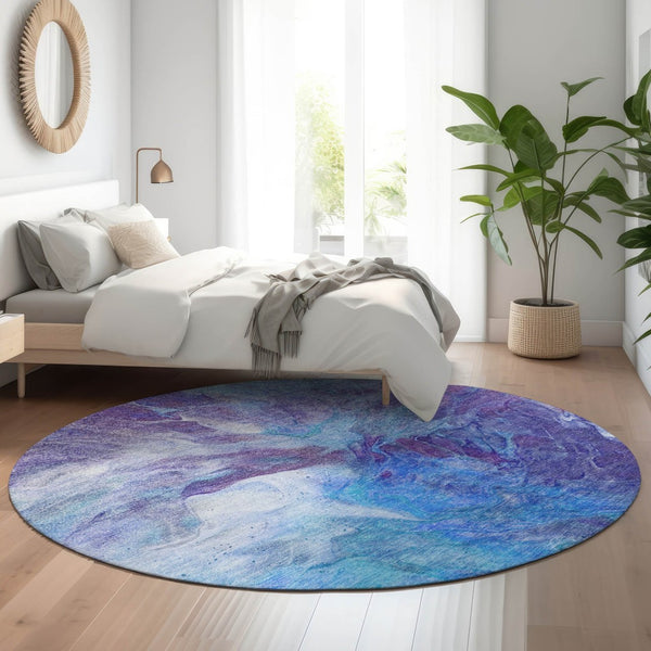 HomeRoots 8' Blue Purple Ivory Abstract Round Rug - Washable, UV Protected, Durable for Modern Living Spaces 653479