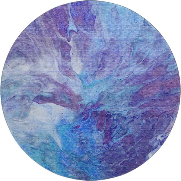 HomeRoots 8' Blue Purple Ivory Abstract Round Rug - Washable, UV Protected, Durable for Modern Living Spaces 653479