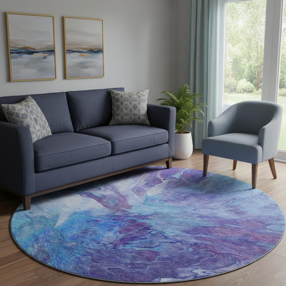 HomeRoots 8' Blue Purple Ivory Abstract Round Rug - Washable, UV Protected, Durable for Modern Living Spaces 653479