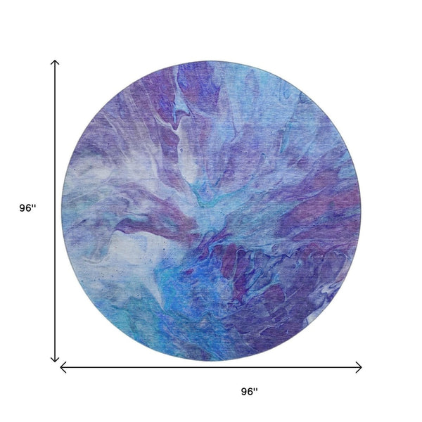 HomeRoots 8' Blue Purple Ivory Abstract Round Rug - Washable, UV Protected, Durable for Modern Living Spaces 653479
