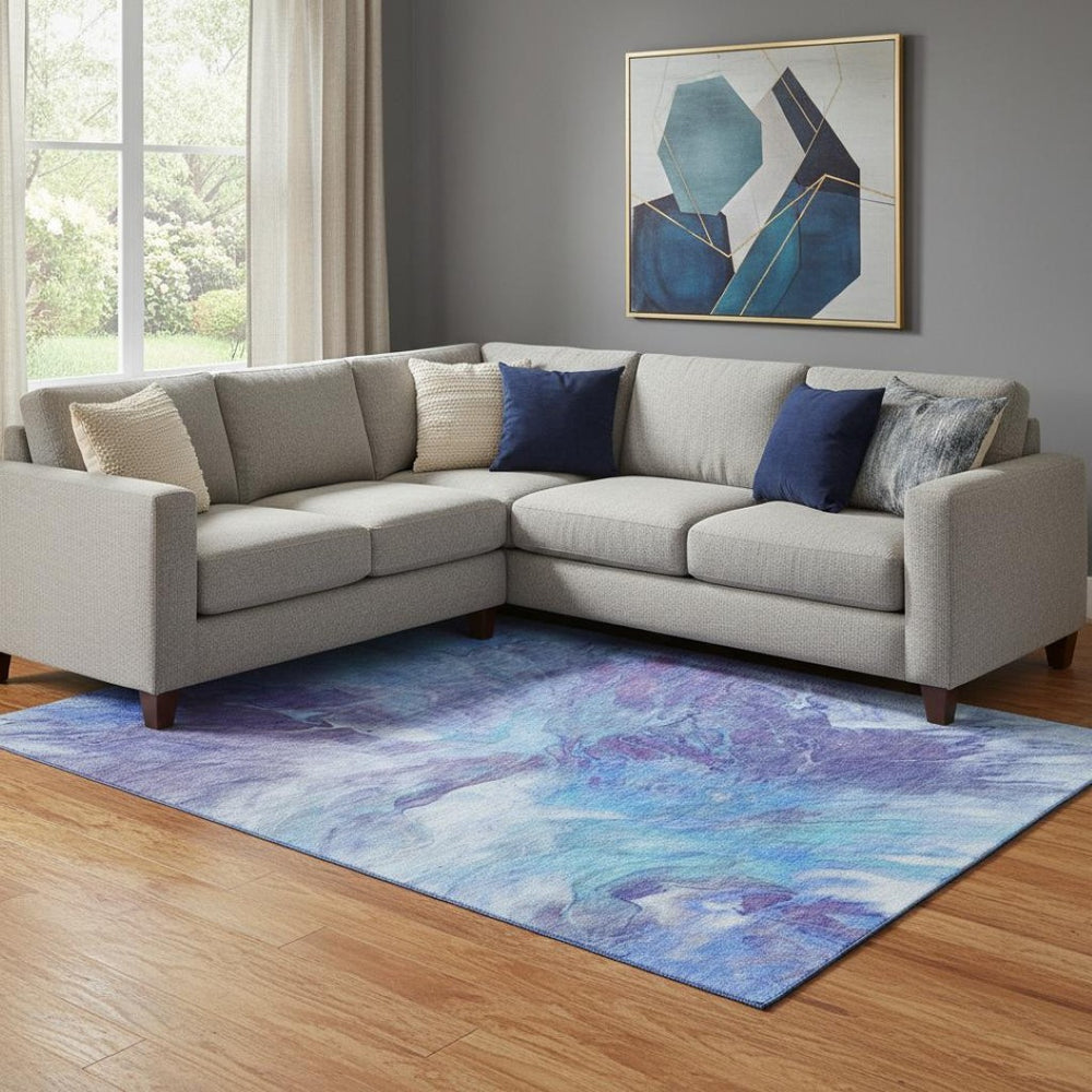 HomeRoots 8' X 10' Contemporary Abstract Washable Area Rug in Blue, Purple & Ivory – UV Resistant, Durable Design 653480