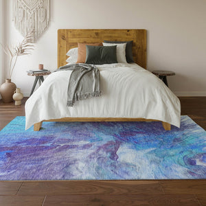 HomeRoots 8' X 10' Contemporary Abstract Washable Area Rug in Blue, Purple & Ivory – UV Resistant, Durable Design 653480