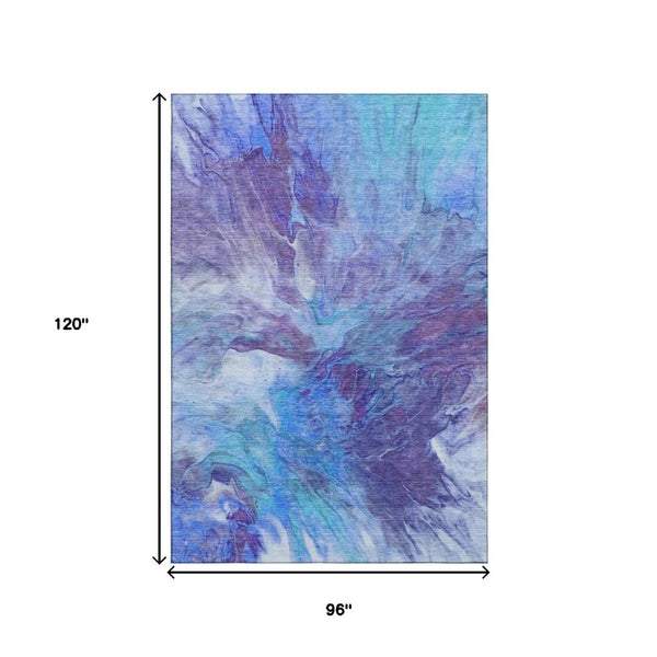 HomeRoots 8' X 10' Contemporary Abstract Washable Area Rug in Blue, Purple & Ivory – UV Resistant, Durable Design 653480