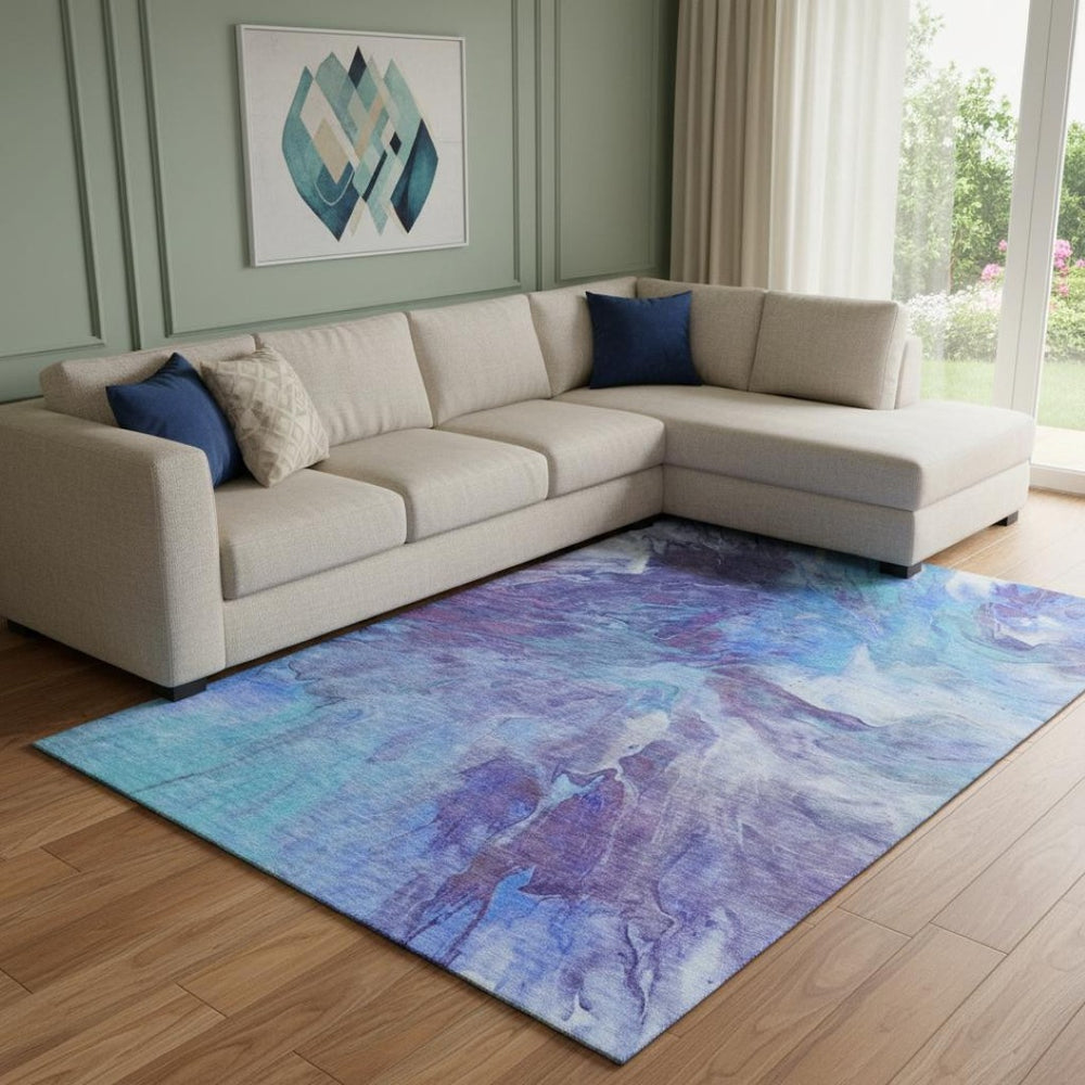 HomeRoots 9' X 12' Abstract Blue Purple Ivory Area Rug - Washable, UV Protected, Durable for Modern Homes 653481