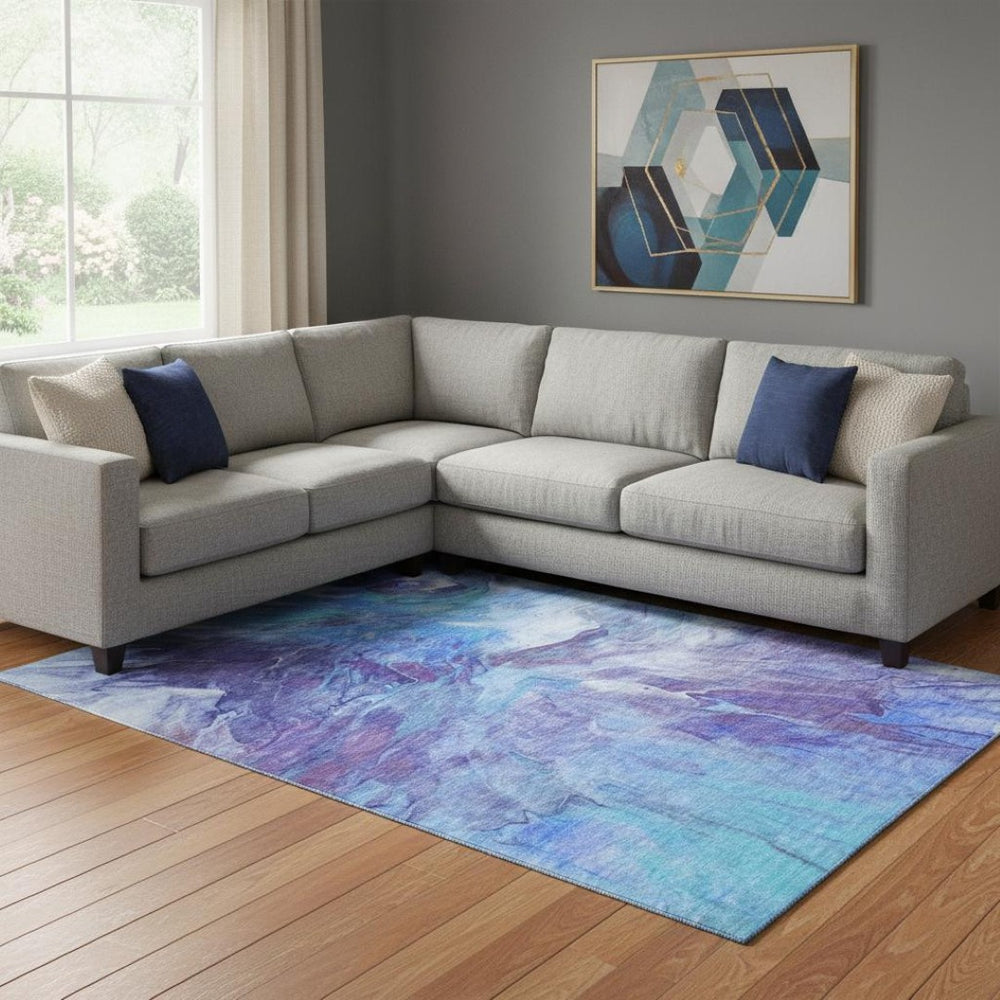 HomeRoots 10' X 14' Abstract Washable Area Rug in Blue, Purple & Ivory - UV Protected, Durable, Stylish Design 653482