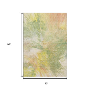 HomeRoots 5' X 8' Colorful Abstract Area Rug in Green, Peach & Yellow - Washable, UV-Protected & Durable Design 653484