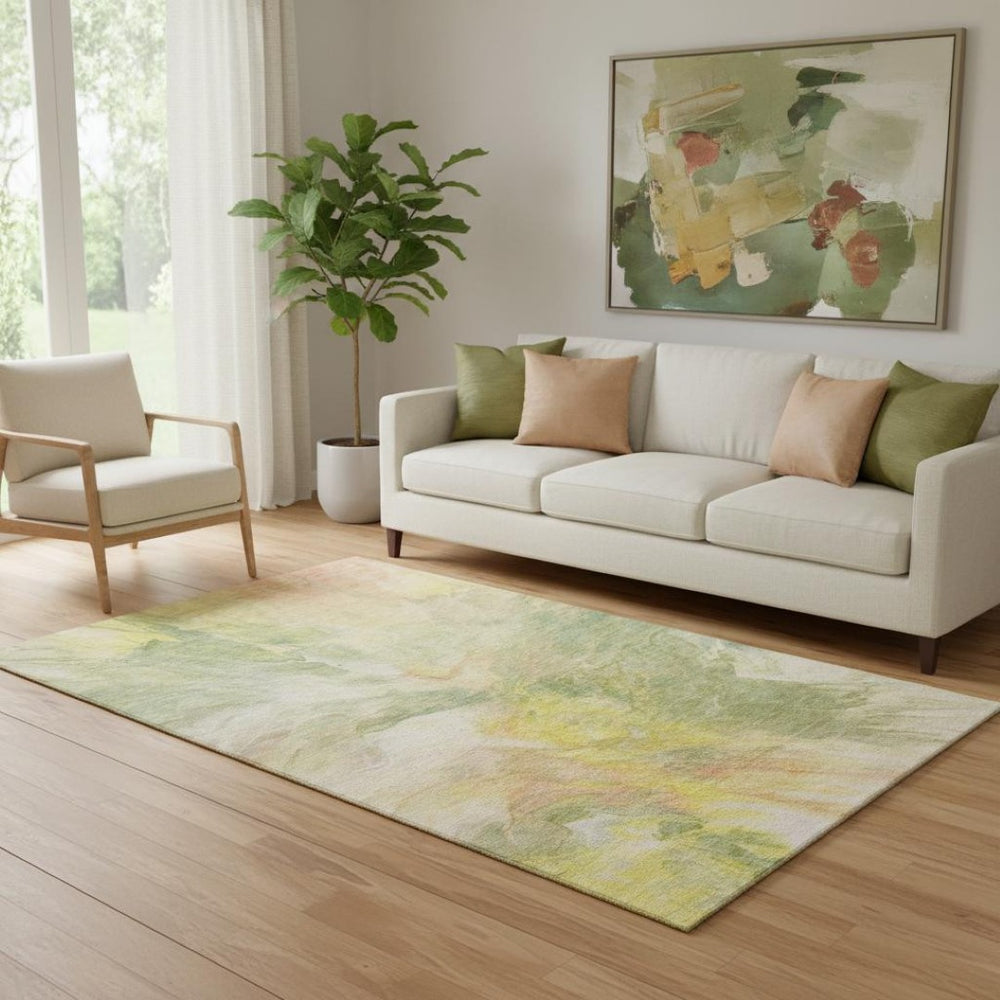 HomeRoots 5' X 8' Colorful Abstract Area Rug in Green, Peach & Yellow - Washable, UV-Protected & Durable Design 653484