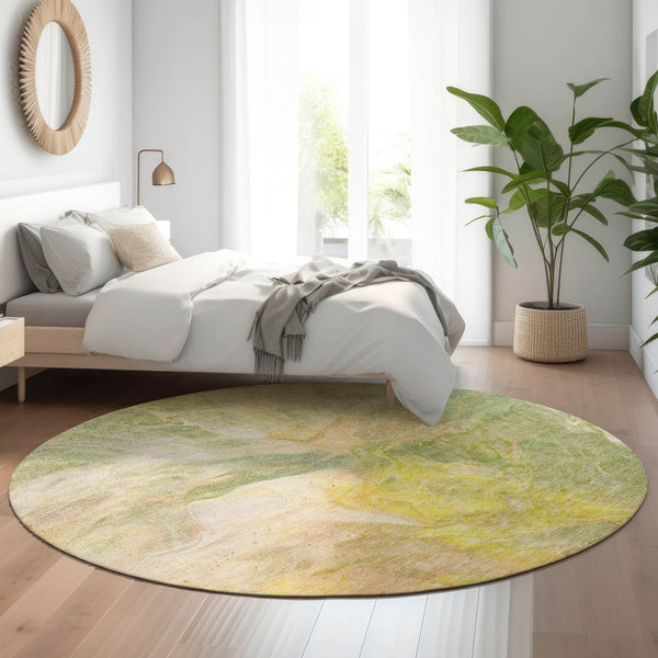 HomeRoots 8' Green Peach and Yellow Abstract Washable Round Rug - Durable, UV-Protected, Perfect for High-Traffic Areas 653485