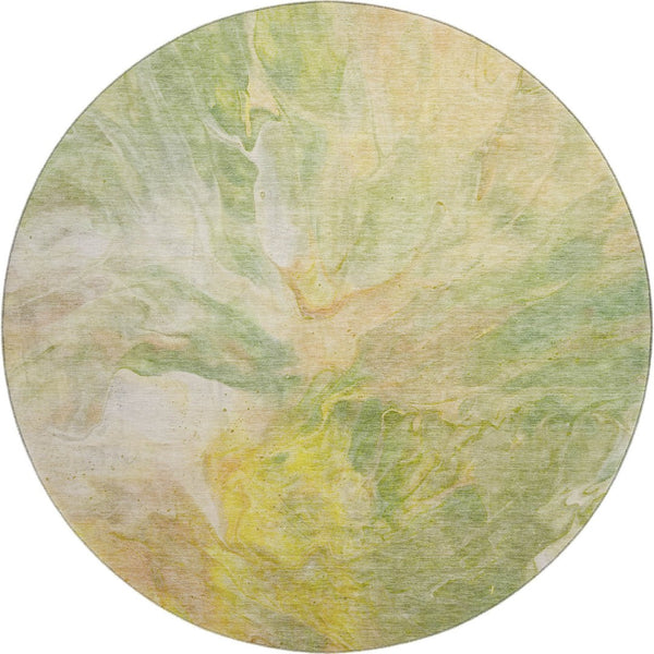 HomeRoots 8' Green Peach and Yellow Abstract Washable Round Rug - Durable, UV-Protected, Perfect for High-Traffic Areas 653485