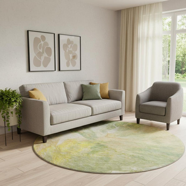 HomeRoots 8' Green Peach and Yellow Abstract Washable Round Rug - Durable, UV-Protected, Perfect for High-Traffic Areas 653485