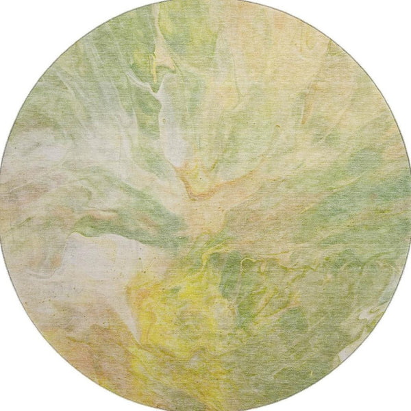HomeRoots 8' Green Peach and Yellow Abstract Washable Round Rug - Durable, UV-Protected, Perfect for High-Traffic Areas 653485