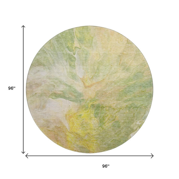HomeRoots 8' Green Peach and Yellow Abstract Washable Round Rug - Durable, UV-Protected, Perfect for High-Traffic Areas 653485