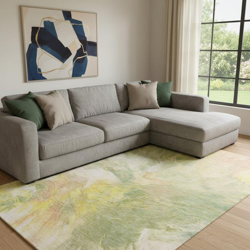 HomeRoots 8' X 10' Washable Area Rug in Green, Peach & Yellow - Durable, Stain-Resistant, UV Protected Design! 653486
