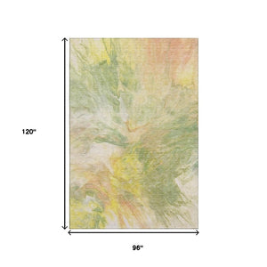 HomeRoots 8' X 10' Washable Area Rug in Green, Peach & Yellow - Durable, Stain-Resistant, UV Protected Design! 653486