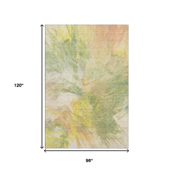 HomeRoots 8' X 10' Washable Area Rug in Green, Peach & Yellow - Durable, Stain-Resistant, UV Protected Design! 653486