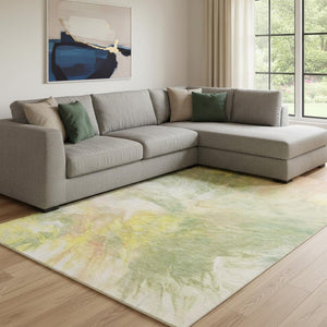 HomeRoots 9' X 12' Green Peach Yellow Abstract Area Rug - Washable, UV Protected, Soft & Durable for Homes 653487