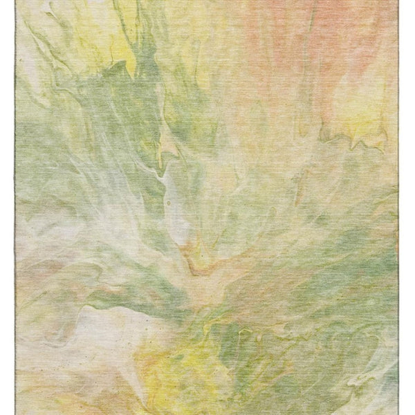 HomeRoots 9' X 12' Green Peach Yellow Abstract Area Rug - Washable, UV Protected, Soft & Durable for Homes 653487