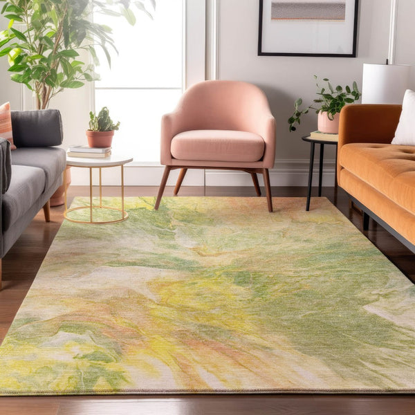 HomeRoots 9' X 12' Green Peach Yellow Abstract Area Rug - Washable, UV Protected, Soft & Durable for Homes 653487