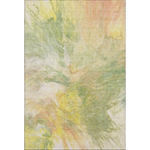 HomeRoots 9' X 12' Green Peach Yellow Abstract Area Rug - Washable, UV Protected, Soft & Durable for Homes 653487