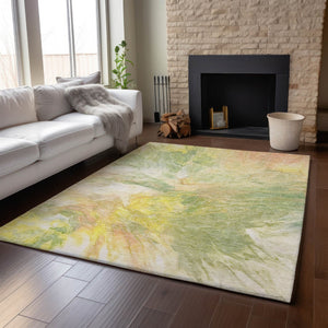 HomeRoots 9' X 12' Green Peach Yellow Abstract Area Rug - Washable, UV Protected, Soft & Durable for Homes 653487