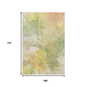 HomeRoots 9' X 12' Green Peach Yellow Abstract Area Rug - Washable, UV Protected, Soft & Durable for Homes 653487