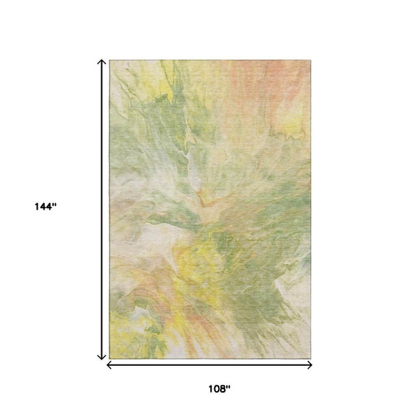 HomeRoots 9' X 12' Green Peach Yellow Abstract Area Rug - Washable, UV Protected, Soft & Durable for Homes 653487