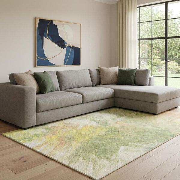 HomeRoots 10' X 14' Abstract Area Rug in Green, Peach & Yellow - Washable, UV-Protected, Durable, Stylish Design 653488