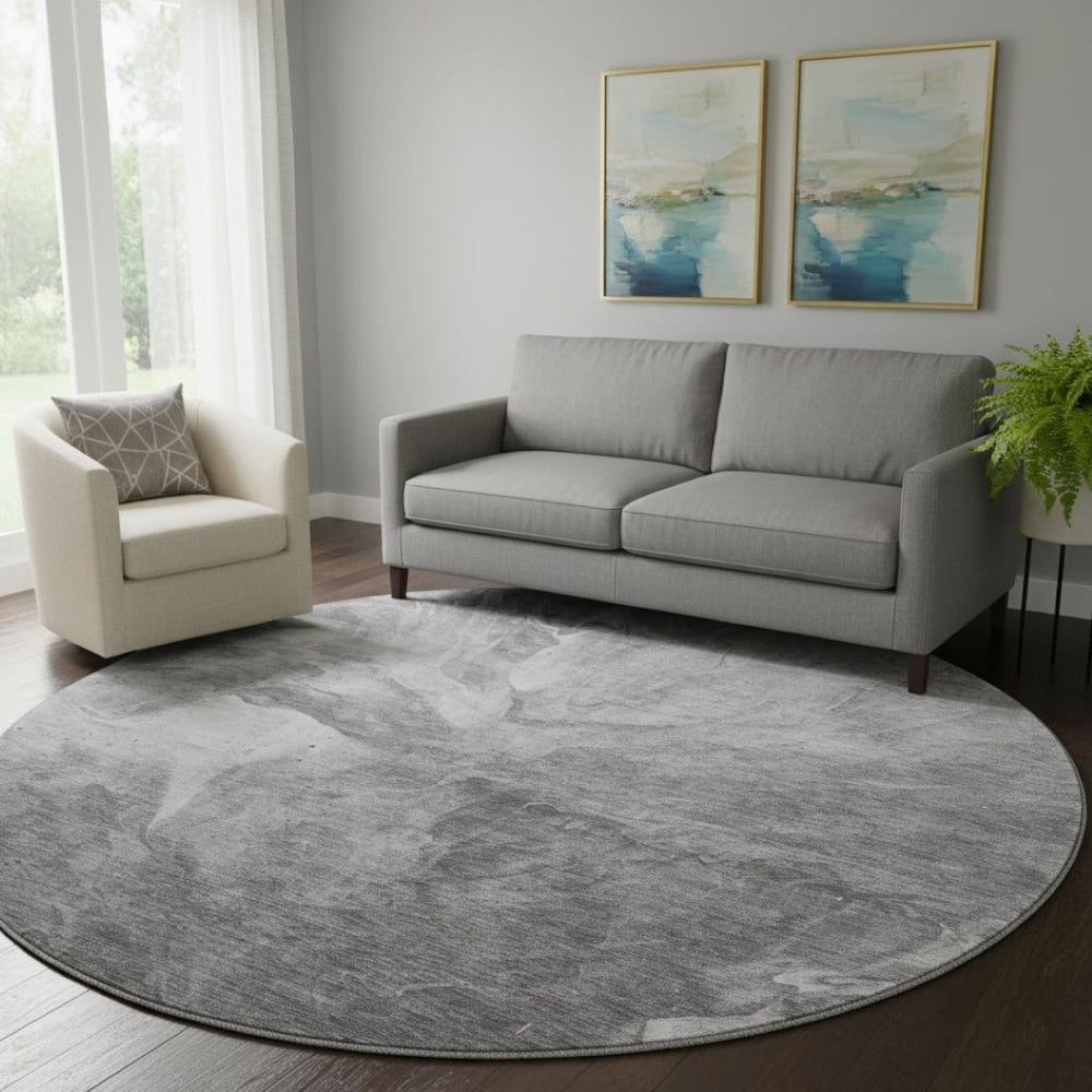 HomeRoots 8' Gray And Ivory Abstract Round Rug – Washable, UV Protected, Durable Design for Modern Spaces 653491