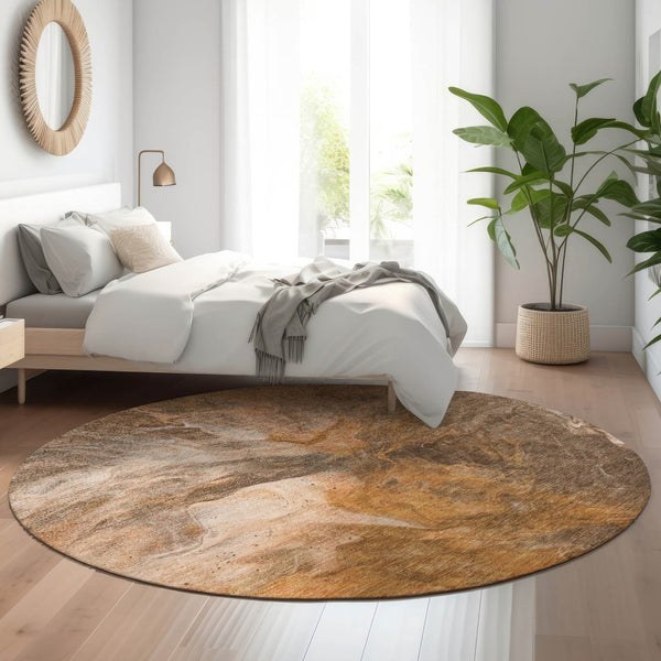 HomeRoots 8' Chili Red and Ivory Abstract Washable Round Rug with UV Protection for Modern Home Decor Style 653497