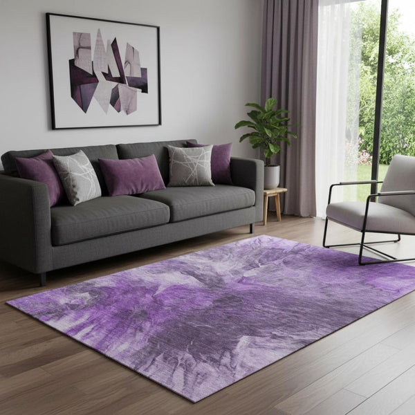 HomeRoots 5' X 8' Washable Purple Ivory Gray Area Rug - Modern Abstract Design with UV Protection & Durability 653502