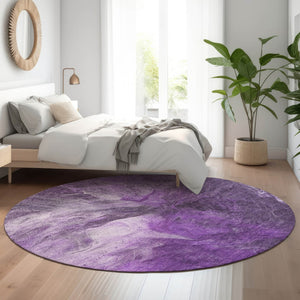 HomeRoots 8' Modern Purple Ivory Gray Abstract Round Rug - Washable, UV-Protected, Durable & Stylish Addition! 653503