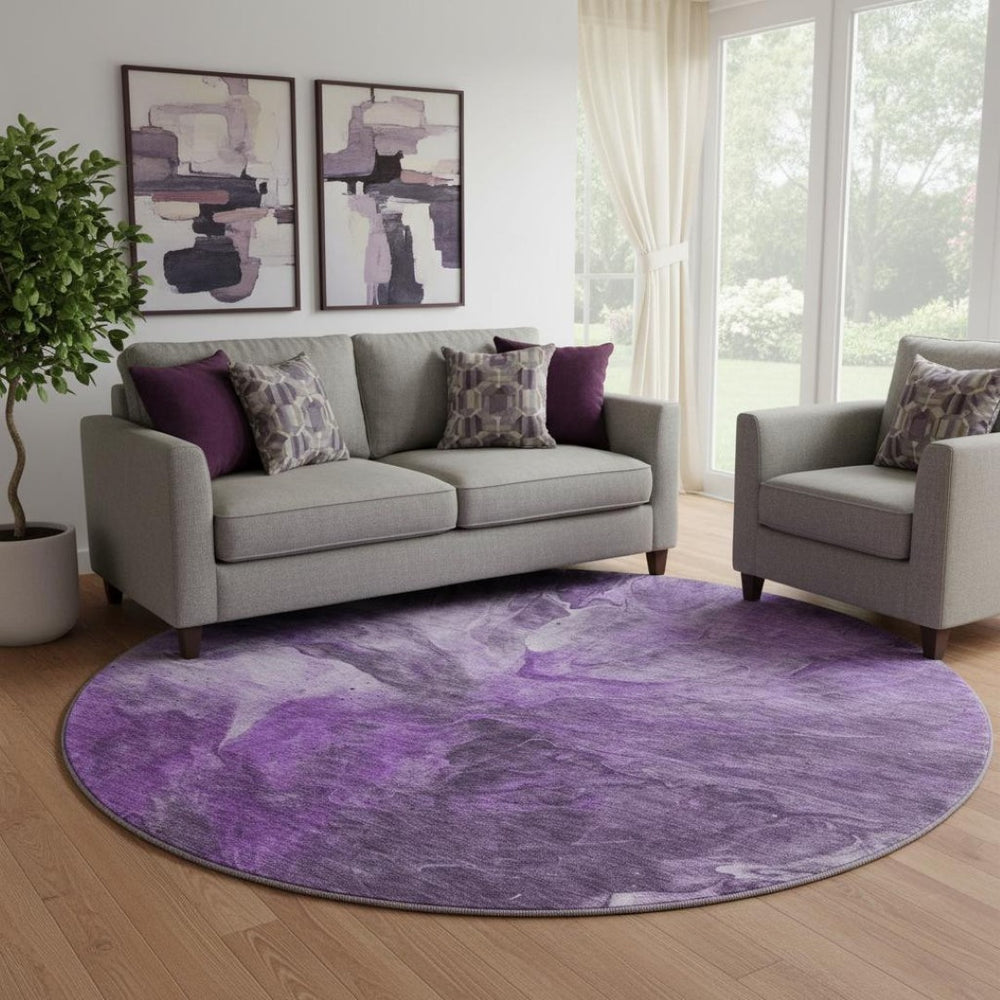 HomeRoots 8' Modern Purple Ivory Gray Abstract Round Rug - Washable, UV-Protected, Durable & Stylish Addition! 653503