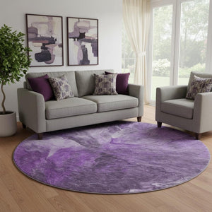 HomeRoots 8' Modern Purple Ivory Gray Abstract Round Rug - Washable, UV-Protected, Durable & Stylish Addition! 653503