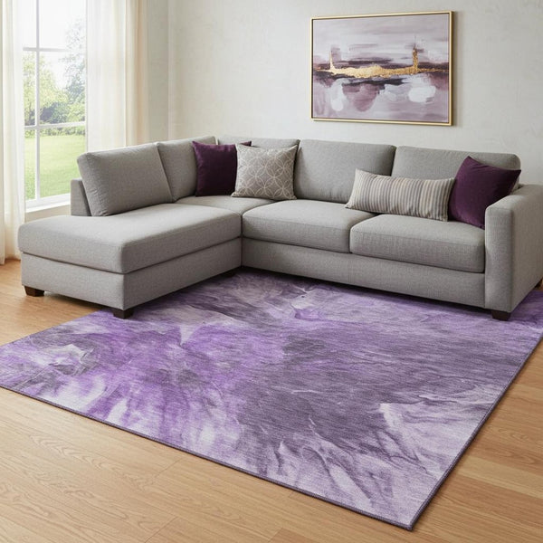 HomeRoots 8' X 10' Abstract Purple, Ivory & Gray Washable Area Rug - UV Protected, Stain Resistant, Modern Design 653504