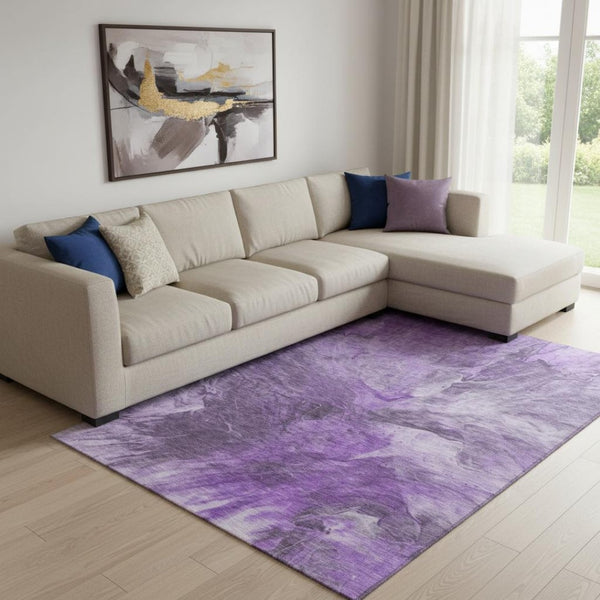 HomeRoots 9' X 12' Washable Abstract Area Rug in Purple, Ivory & Gray - Stain-Resistant, UV Protected & Durable 653505