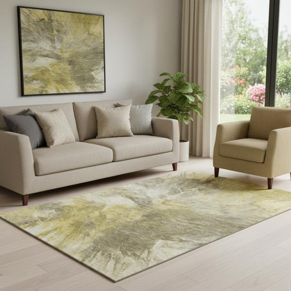 HomeRoots 5' X 8' Washable Taupe Ivory Gold Abstract Area Rug with UV Protection for Modern Home Décor 653508